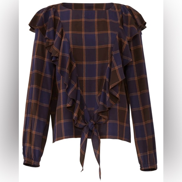 RTR Nicole Miller Boyfriend Ruffle Plaid Blouse - Picture 1 of 7